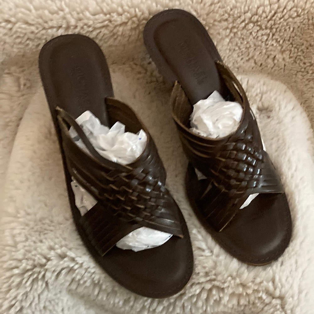 Leather slide sandals goes with jeans, short, dresses